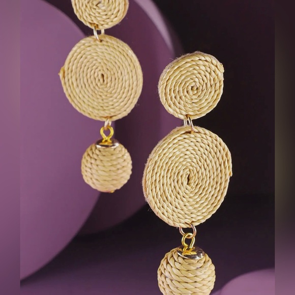 Cream Natural Raffia Drop Ball Earrings Goldtone Setting  NWT - Picture 3 of 8
